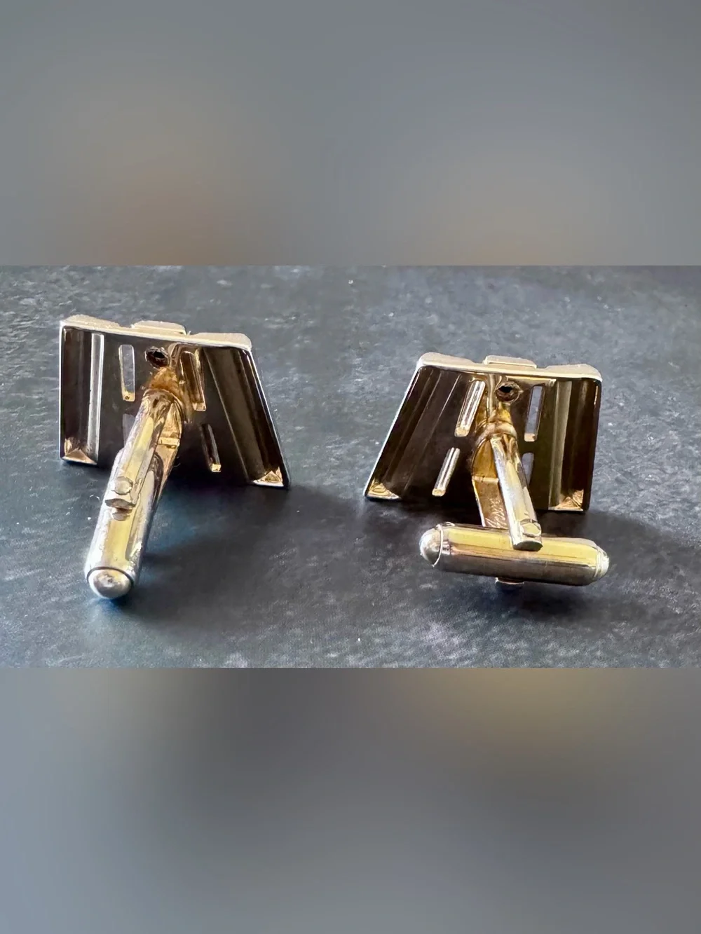 Vintage Anson Cufflinks Tie Clip Bar Set MCM Gold Tone Black Onyx Rhinestone USA